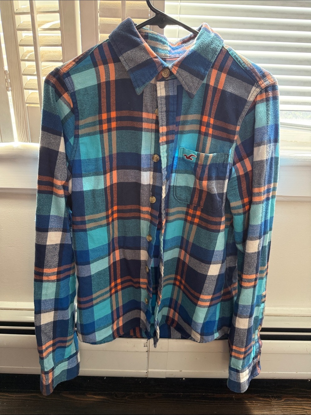 Hollister Teal, Navy & Orange Plaid Flannel Shirt